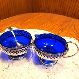 VTG Cobalt Blue Chromium Plated Sugar & Creamer with Glass Insert & Spoon
